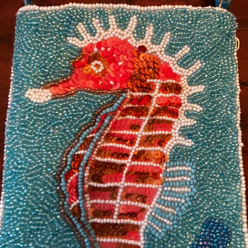 Bamboo Trading Co Seahorse Beaded Pouch Zipper w Shoulder Strap (not shown)